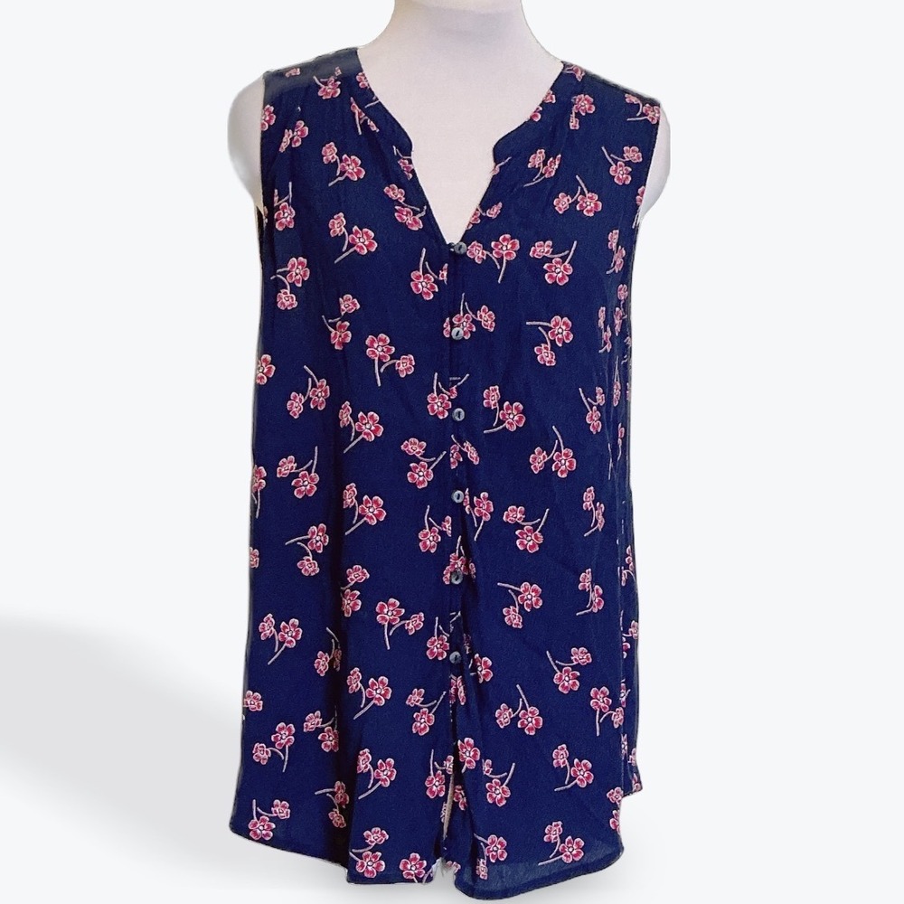 Liz Claiborne Navy Blueโ Pink Floral Button Front Sleeveless Rayon Blouse Small
